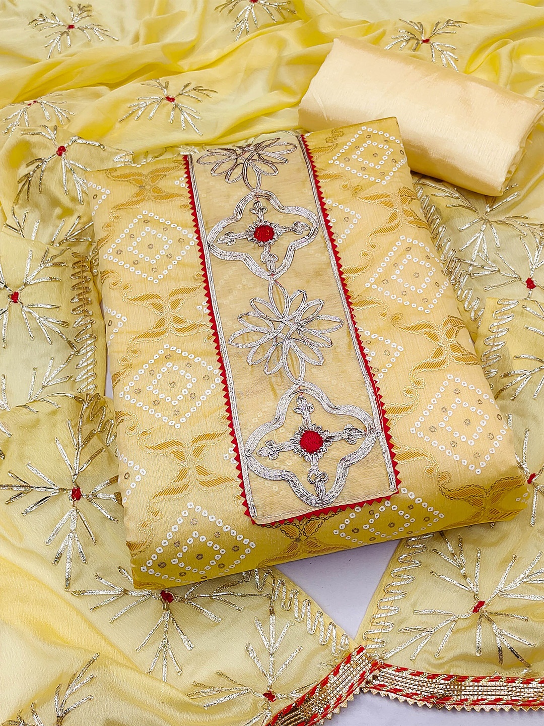 

MANVAA Yellow Embroidered Unstitched Dress Material