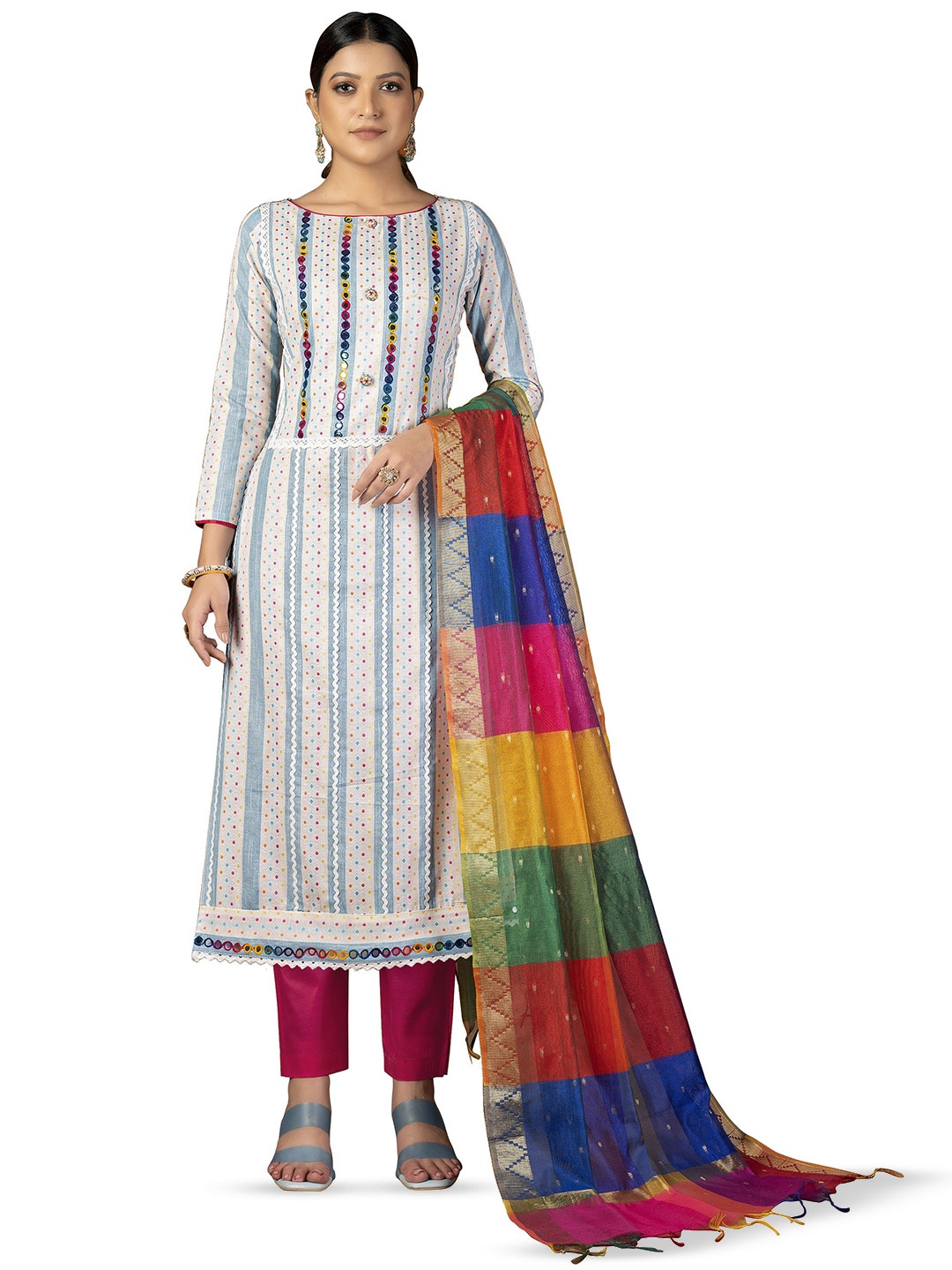 

MANVAA Embellished Unstitched Dress Material, White