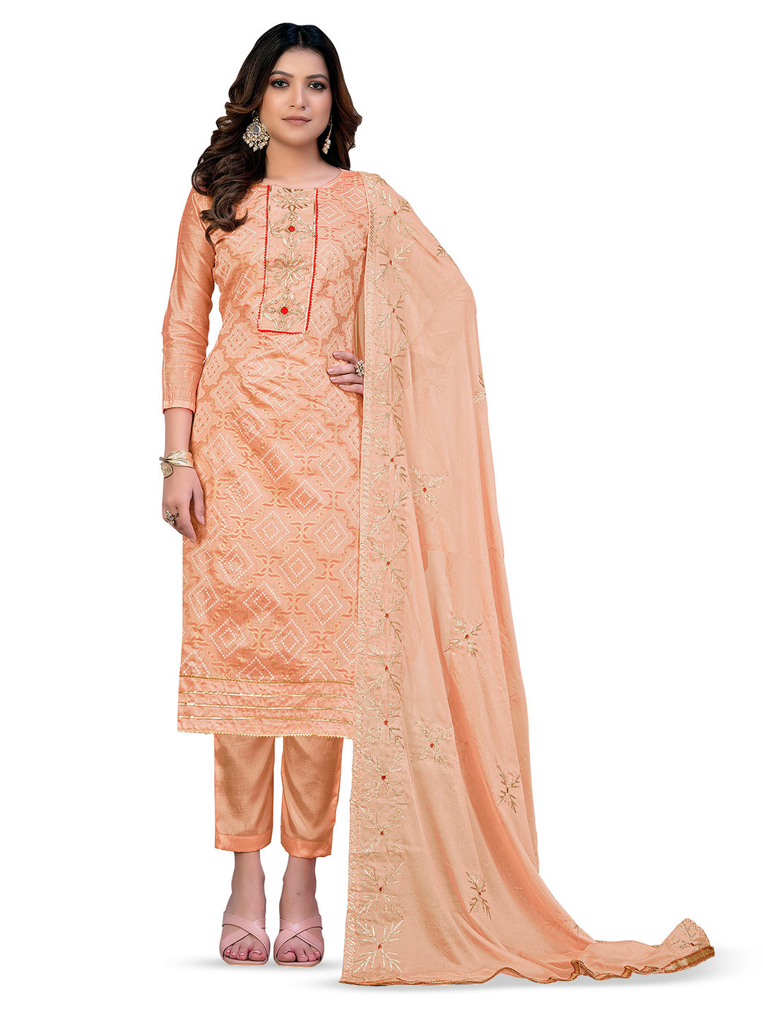 

MANVAA Embroidered Unstitched Dress Material, Peach