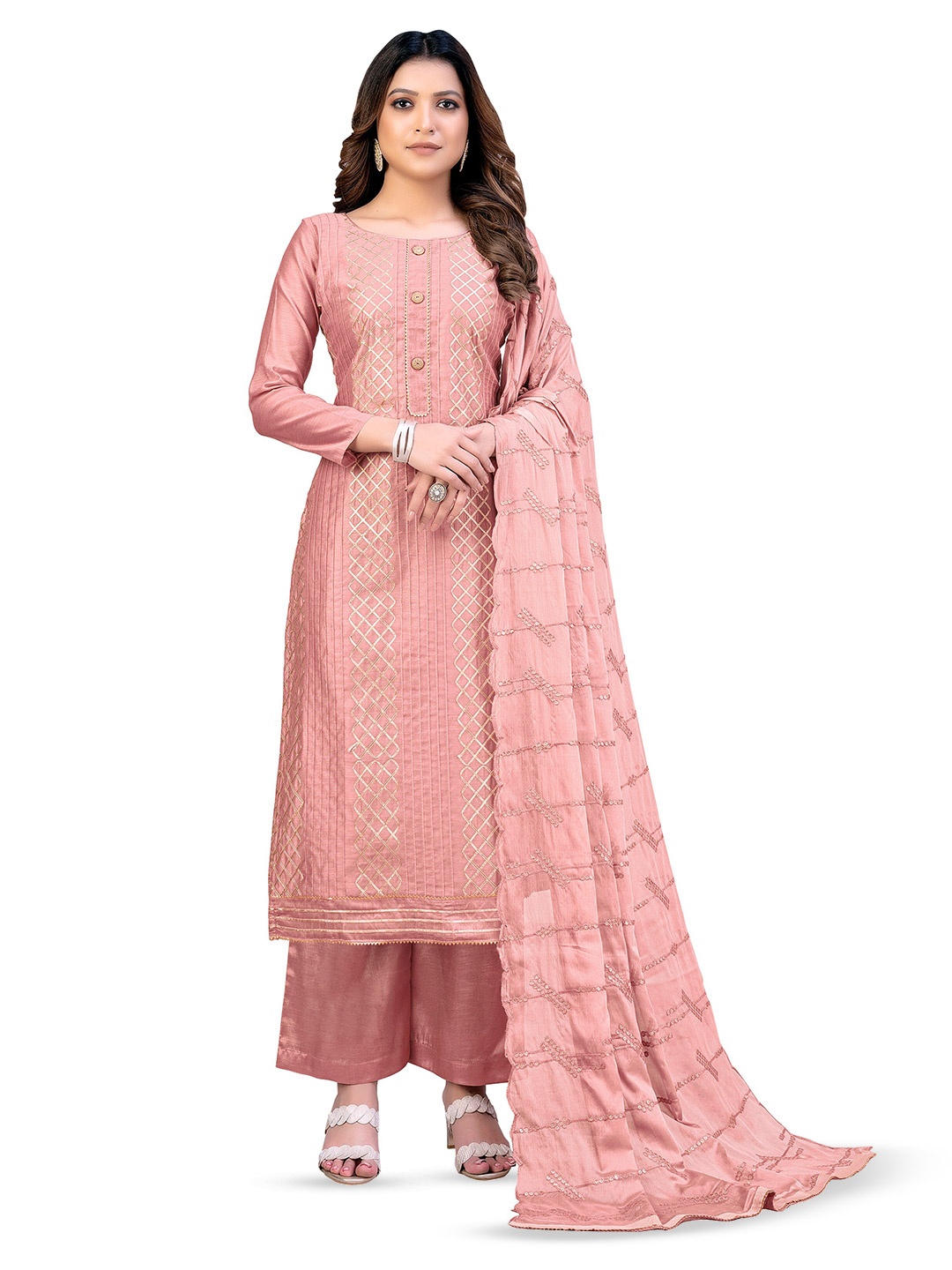 

MANVAA Embellished Unstitched Dress Material, Pink