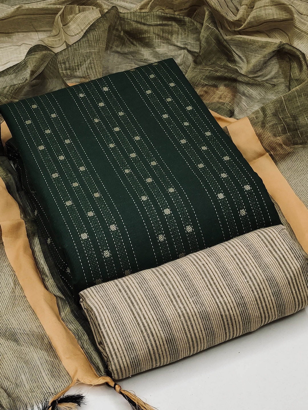 

MANVAA Ethnic Motifs Woven Design Jacquard Unstitched Dress Material, Green