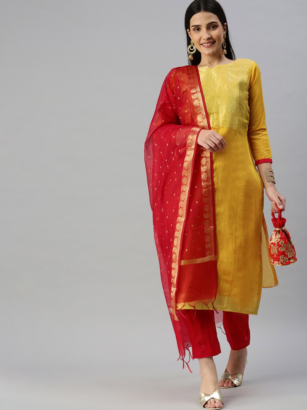 

MANVAA Ethnic Motifs Woven Design Unstitched Dress Material, Yellow