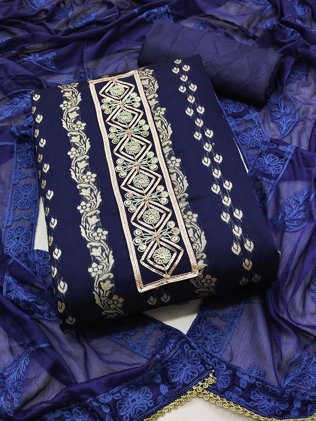 

MANVAA Ethnic Motifs Embroidered Unstitched Dress Material, Blue