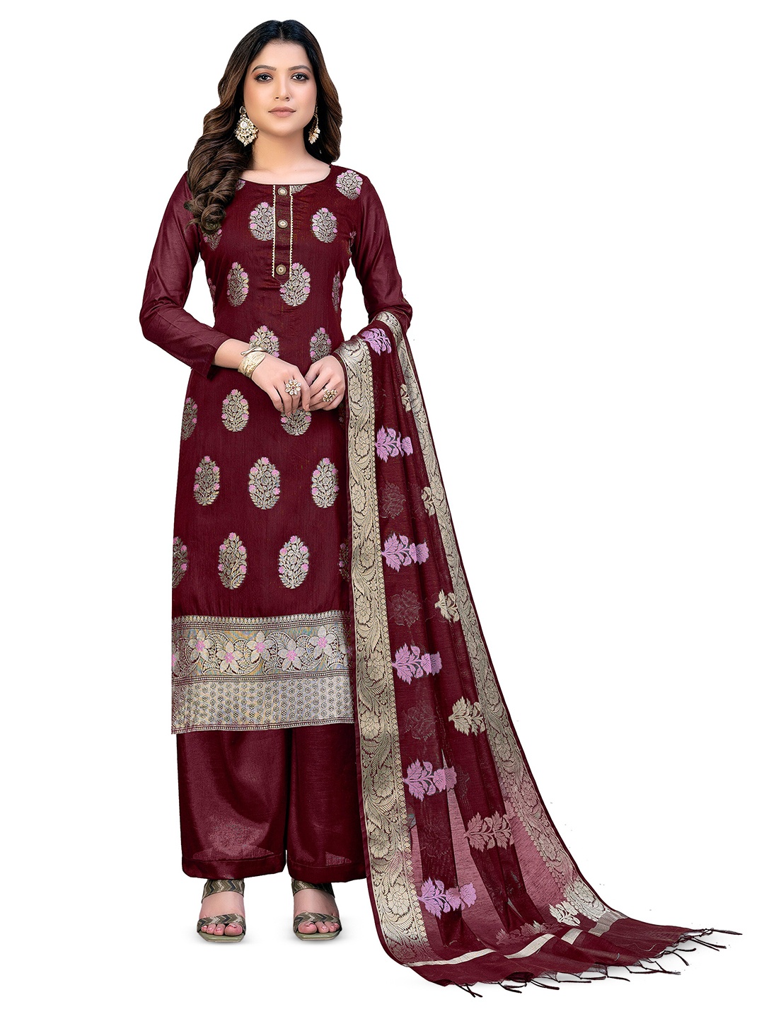 

MANVAA Unstitched Dress Banarasi Jacquard Dress Material, Magenta