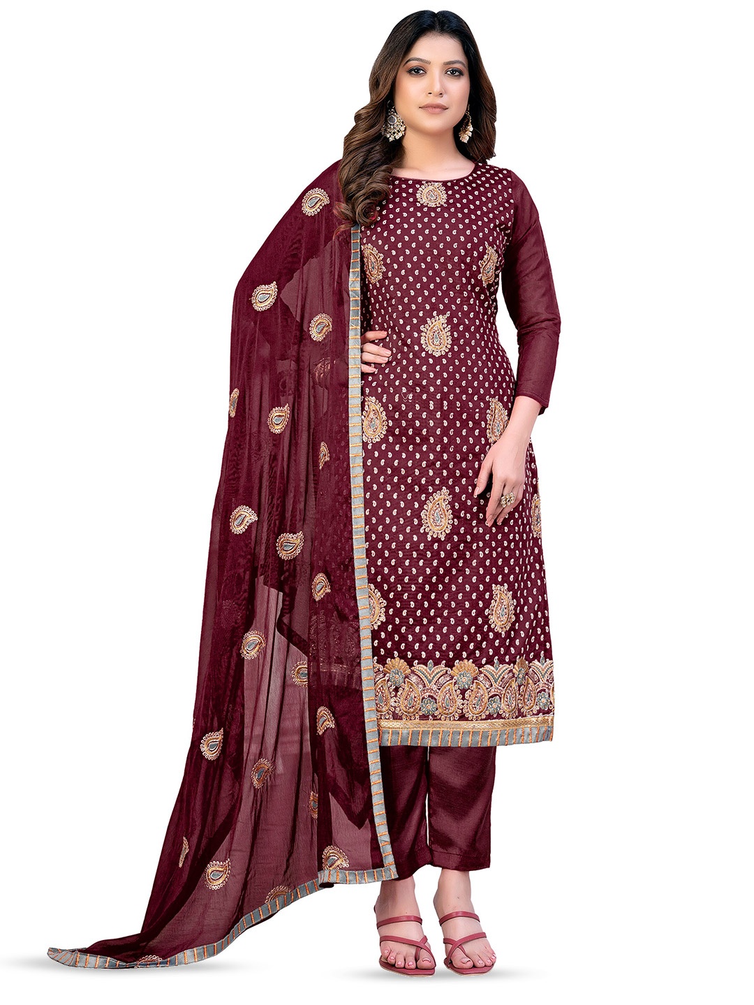 

MANVAA Embellished Unstitched Dress Material, Brown