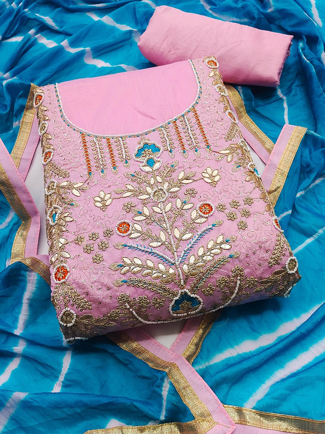 

MANVAA Ethnic Motifs Embroidered Stones & Beads Chanderi Cotton Unstitched Dress Material, Pink