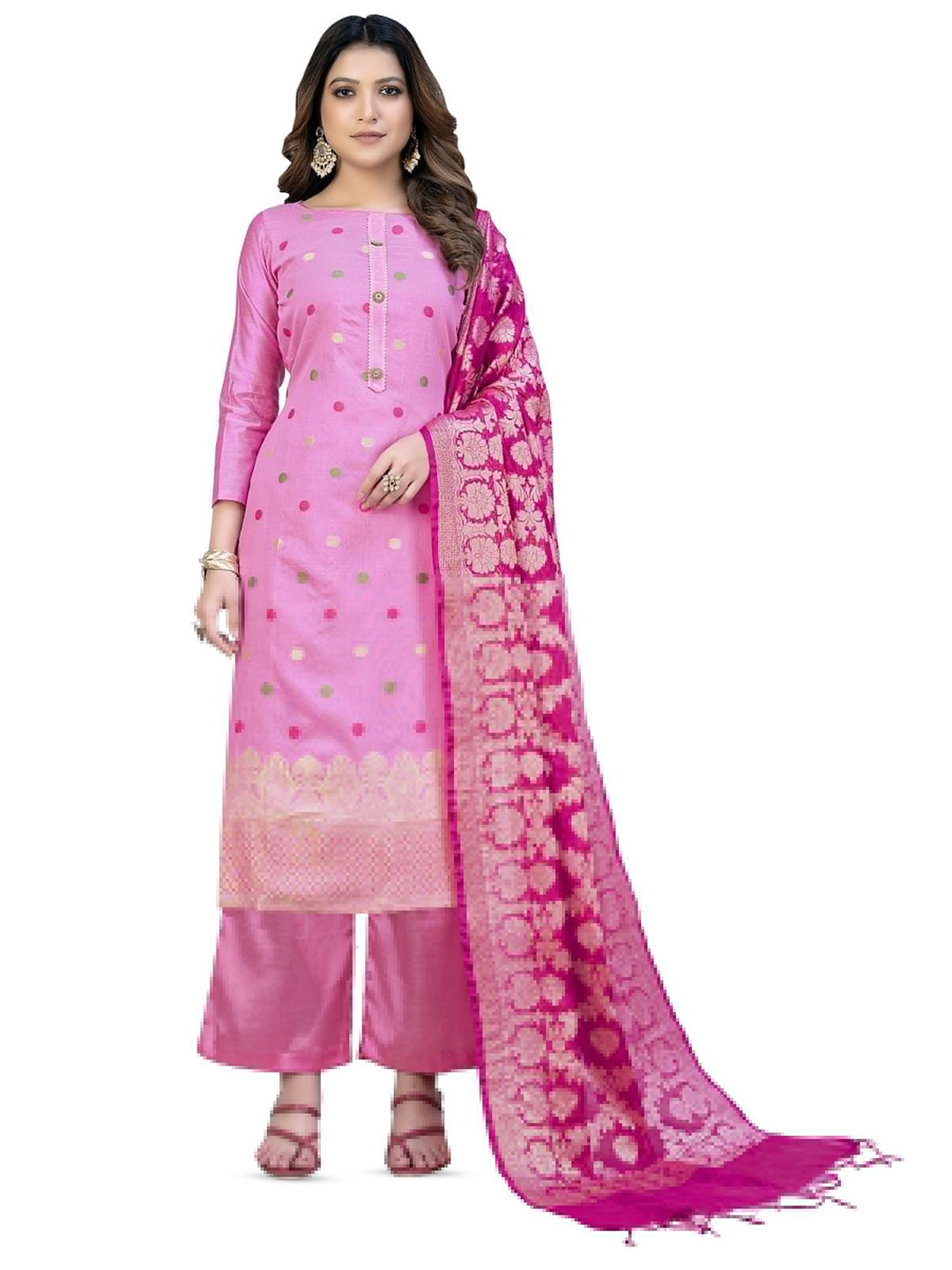 

MANVAA Ethnic Motifs Woven Designed Banarasi Jacquard Unstitched Dress Material, Pink