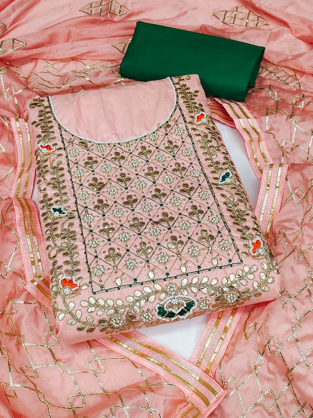 

MANVAA Ethnic Motifs Embroidered Beads And Stones Unstitched Dress Material, Peach