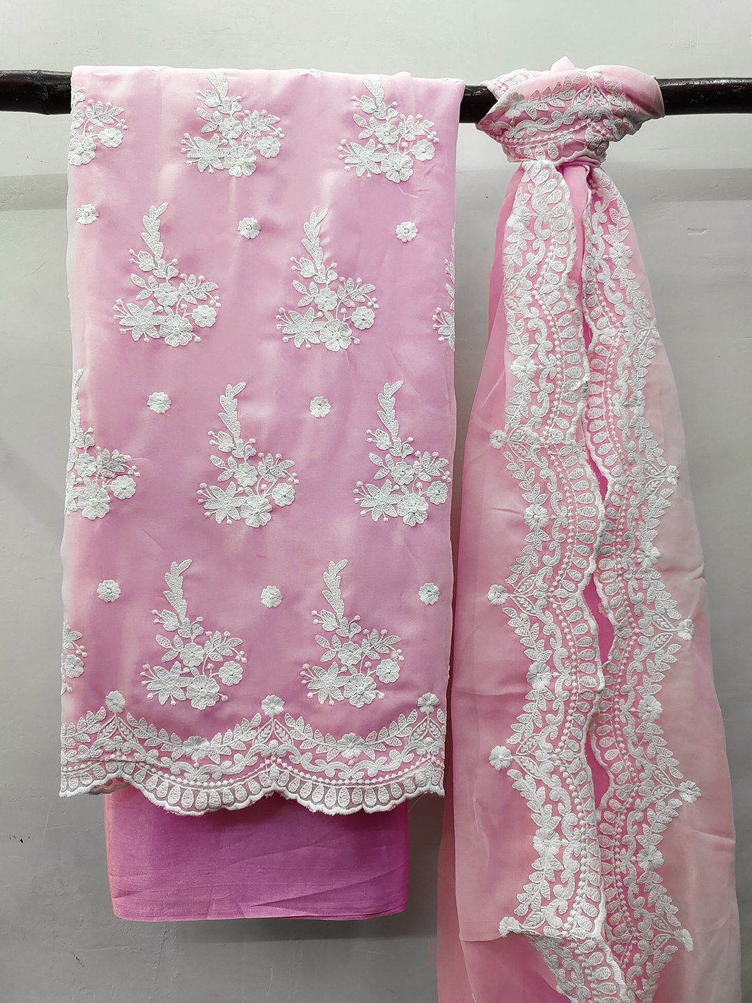 

MANVAA Floral Embroidered Silk Georgette Unstitched Dress Material, Pink