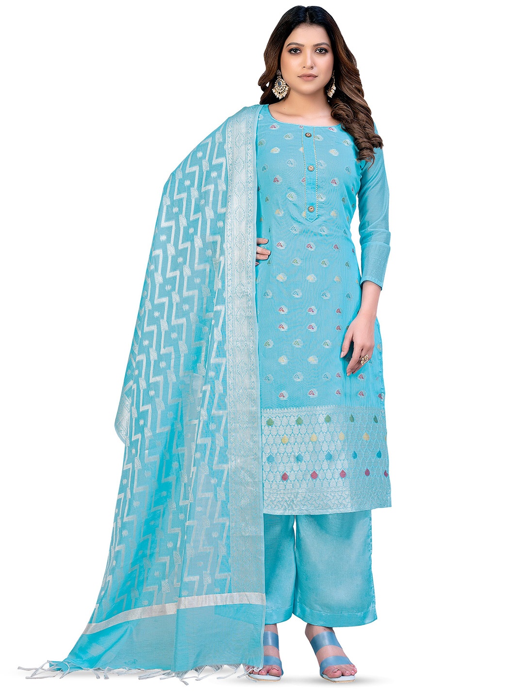 

MANVAA Ethnic Motif Woven Design Banarasi Unstitched Dress Material, Blue