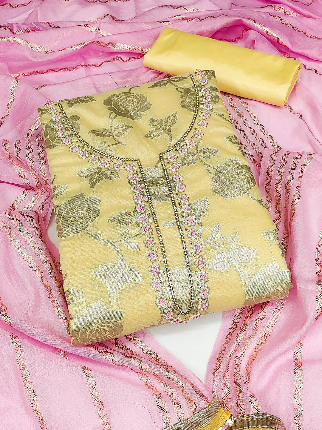 

MANVAA Floral Woven Design Zari Banarasi Unstitched Dress Material, Yellow