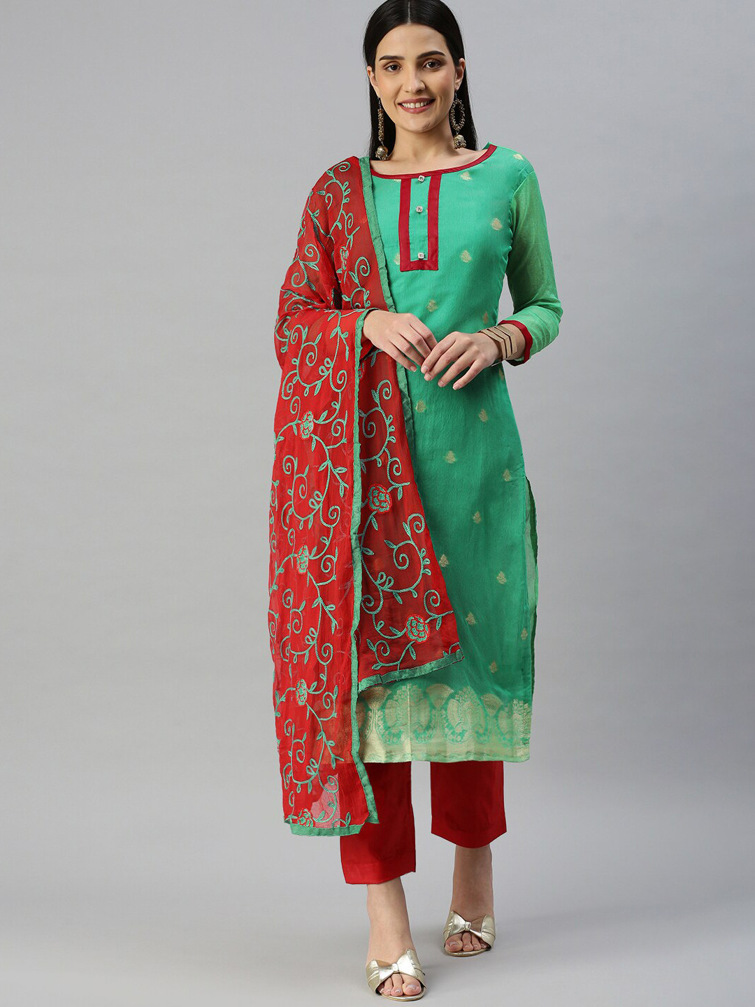 

MANVAA Ethnic Motif Woven Design Unstitched Dress Material, Green