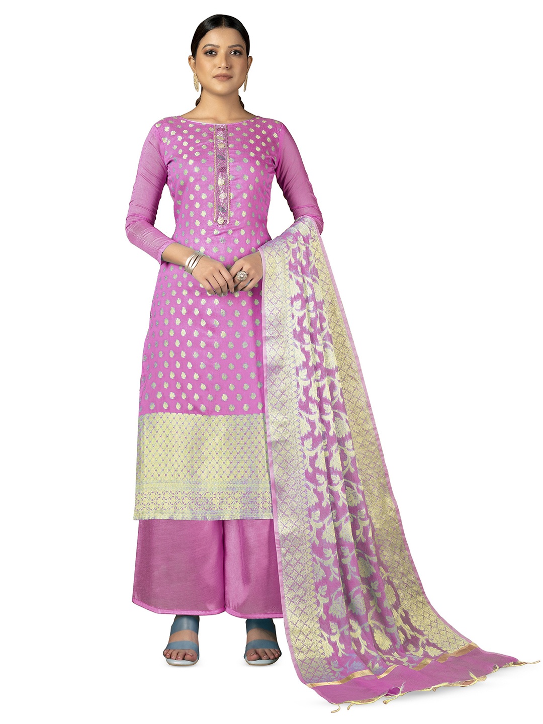 

MANVAA Ethnic Motif Woven Design Zari Banarasi Unstitched Dress Material, Pink