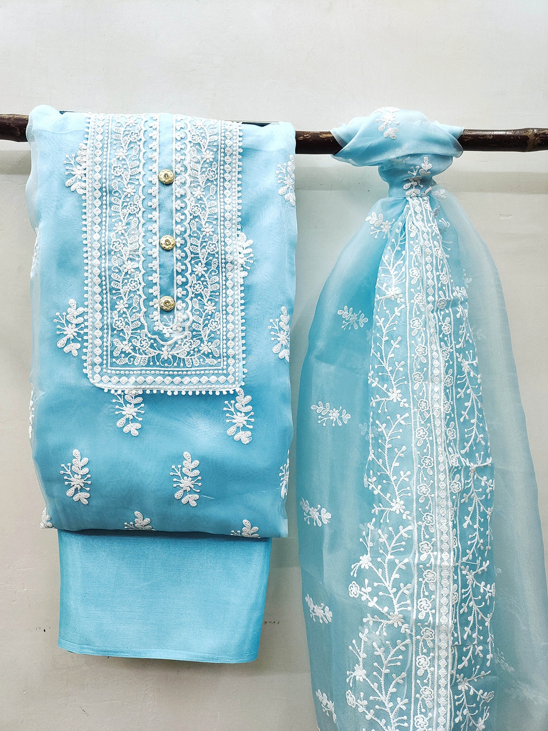 

MANVAA Floral Embroidered Organza Unstitched Dress Material, Blue