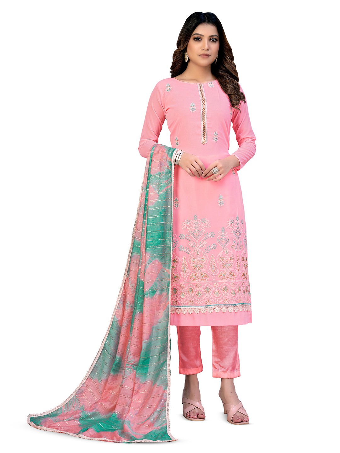 

MANVAA Floral Embellished Silk Georgette Unstitched Dress Material, Pink