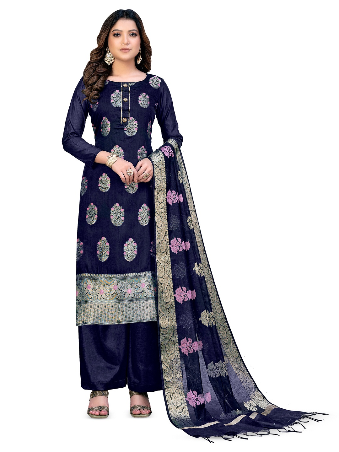 

MANVAA Ethnic Motifs Woven Design Unstitched Dress Material, Blue