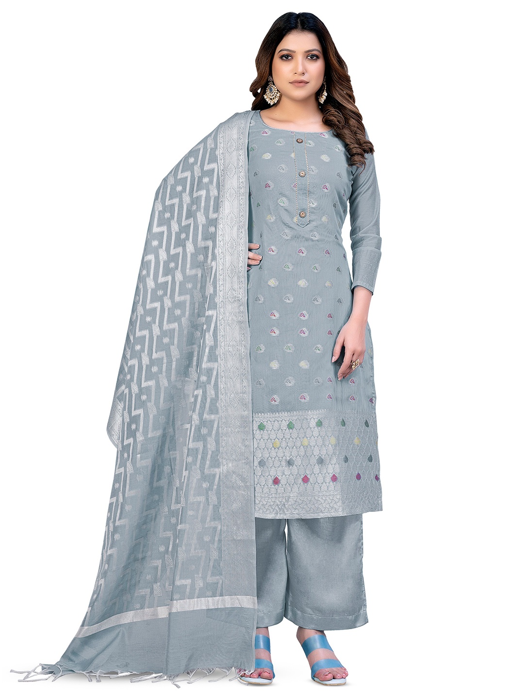 

MANVAA Ethnic Motifs Woven Design Unstitched Dress Material, Grey