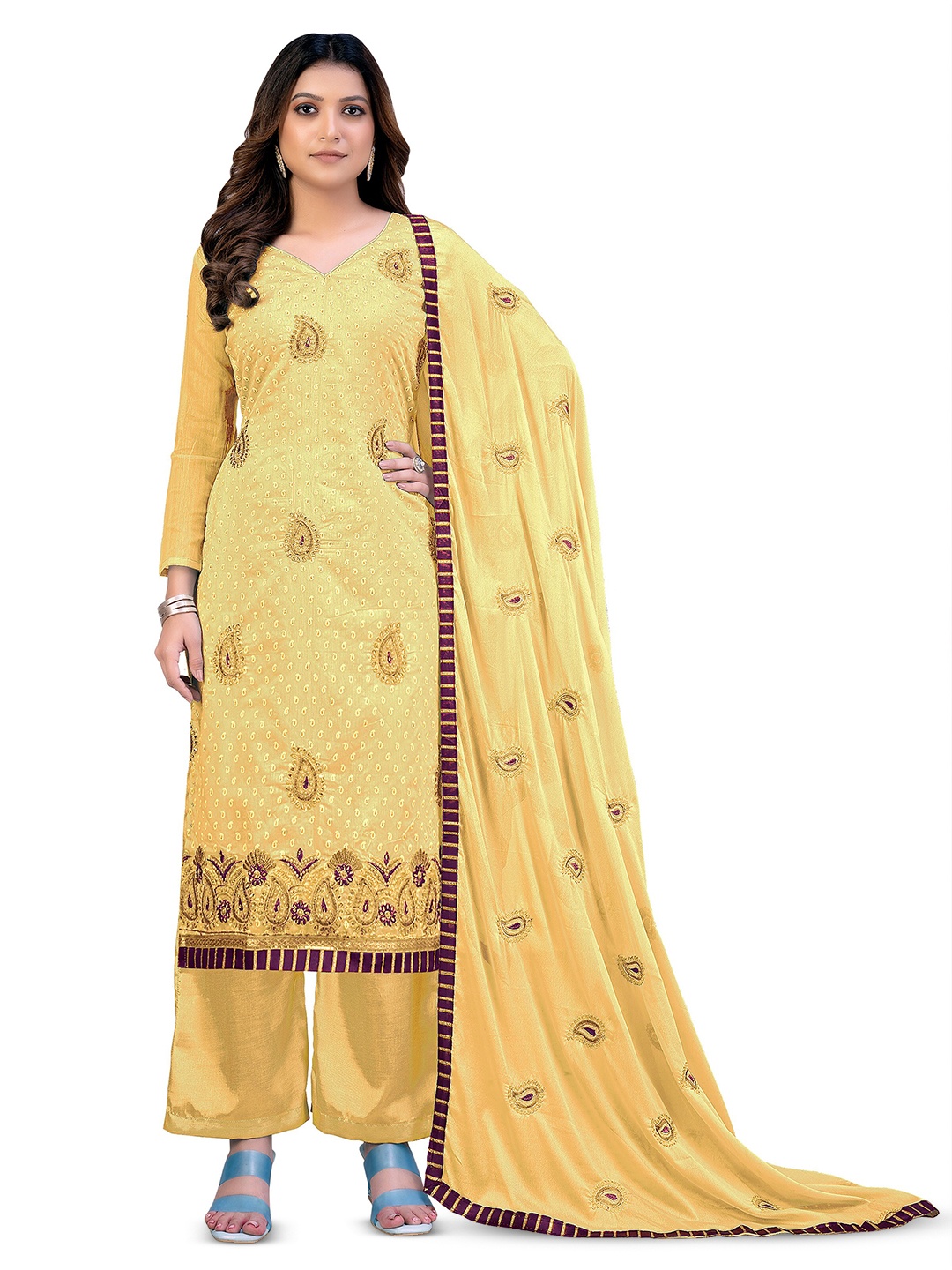 

MANVAA Paisley Embroidered Beads and Stones Detail Unstitched Dress Material, Yellow