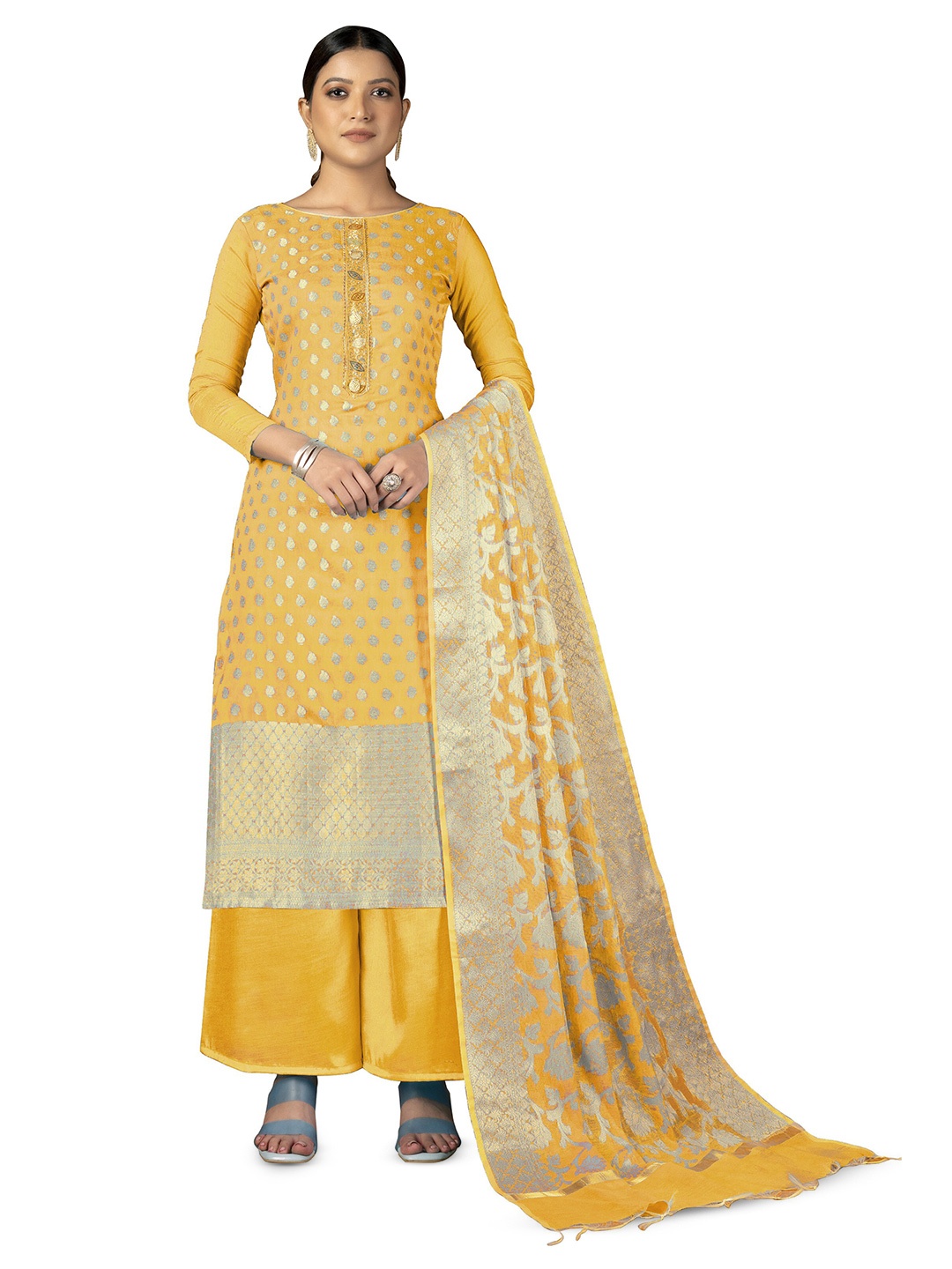 

MANVAA Ethnic Motifs Woven Design Unstitched Dress Material, Yellow