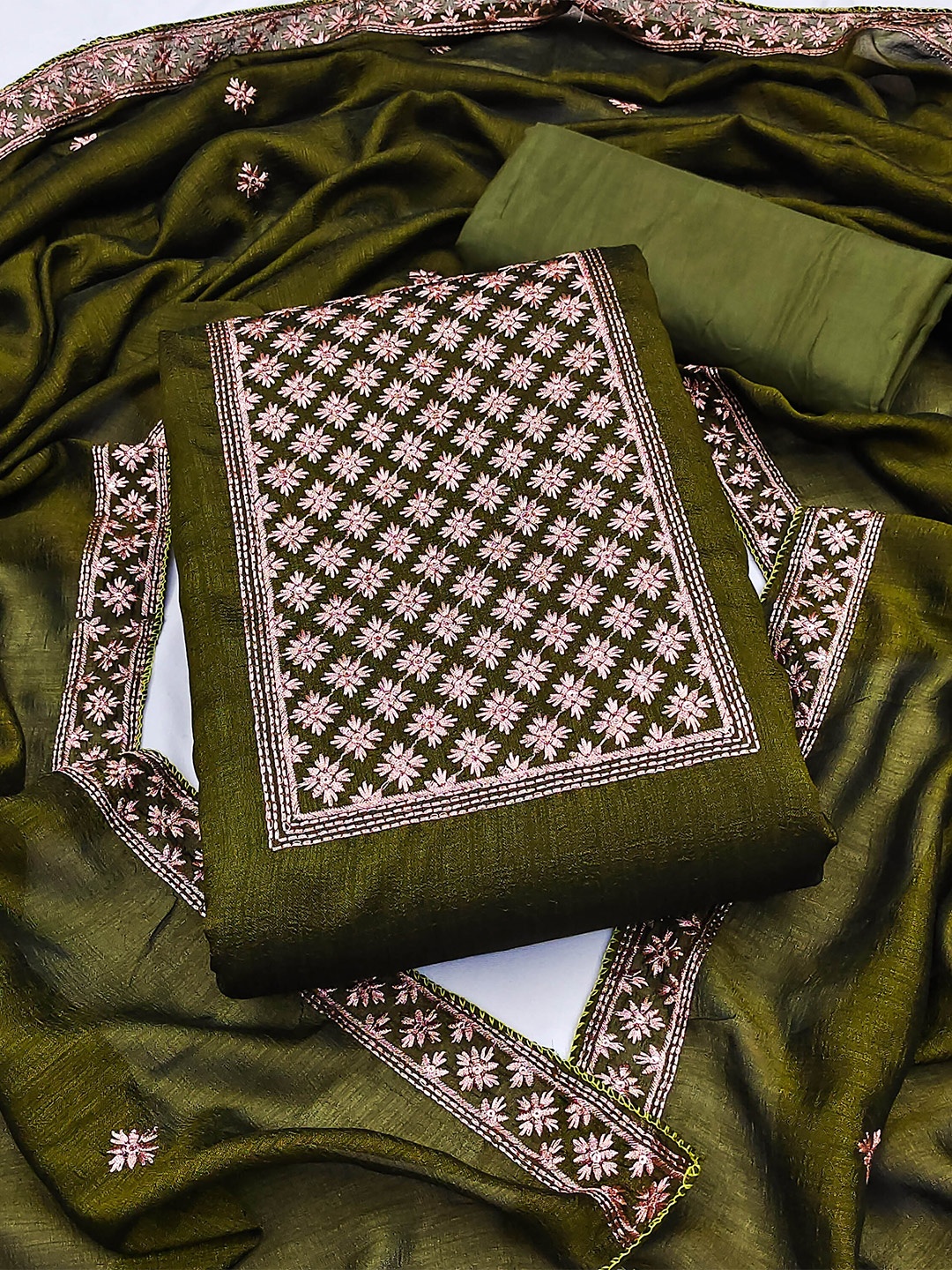 

MANVAA Ethnic Motifs Embroidered Pure Silk Unstitched Dress Material, Green