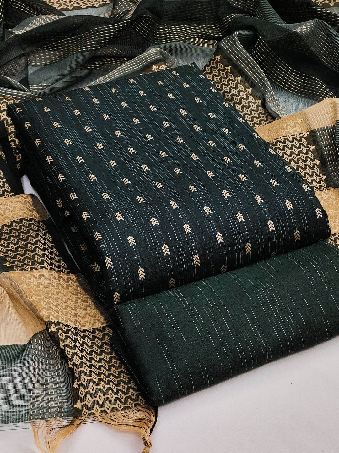 

MANVAA Striped Woven Design Unstitched Dress Material, Green