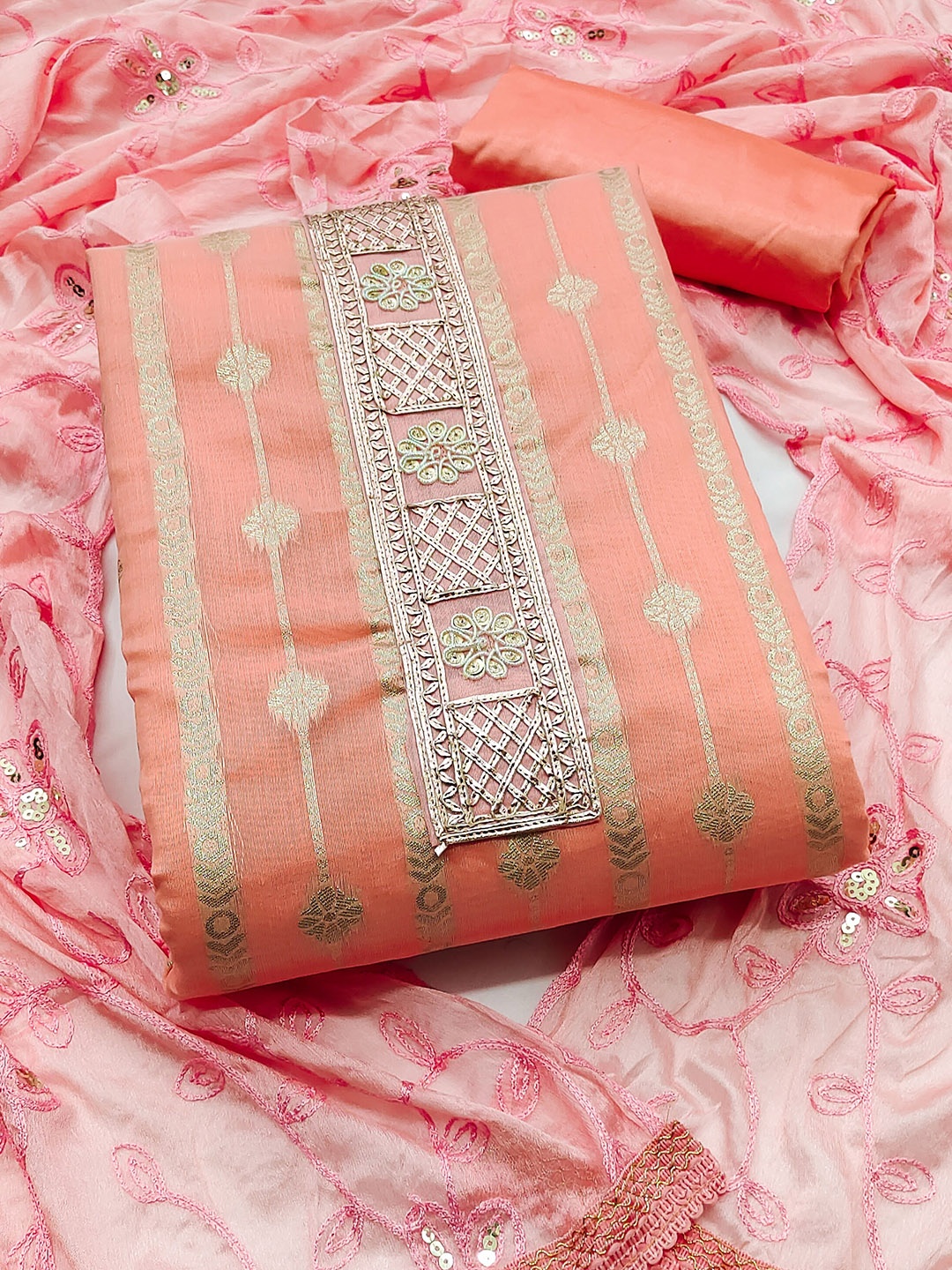 

MANVAA Floral Woven Design Unstitched Dress Material, Peach