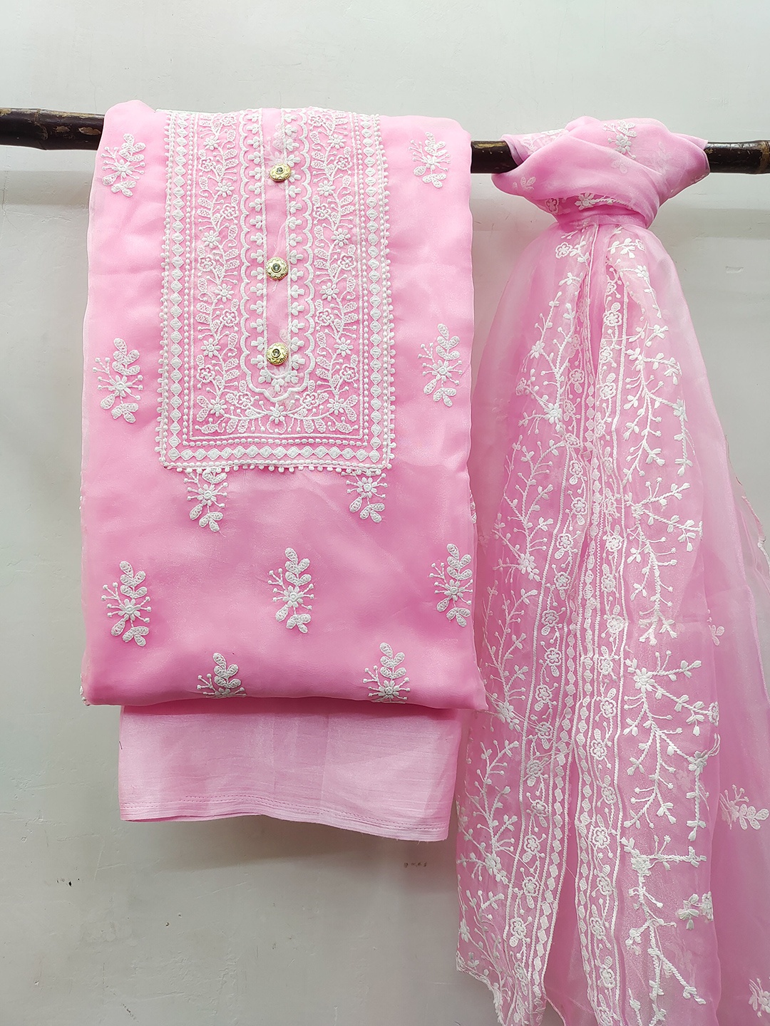

MANVAA Floral Embroidered Unstitched Dress Material, Pink
