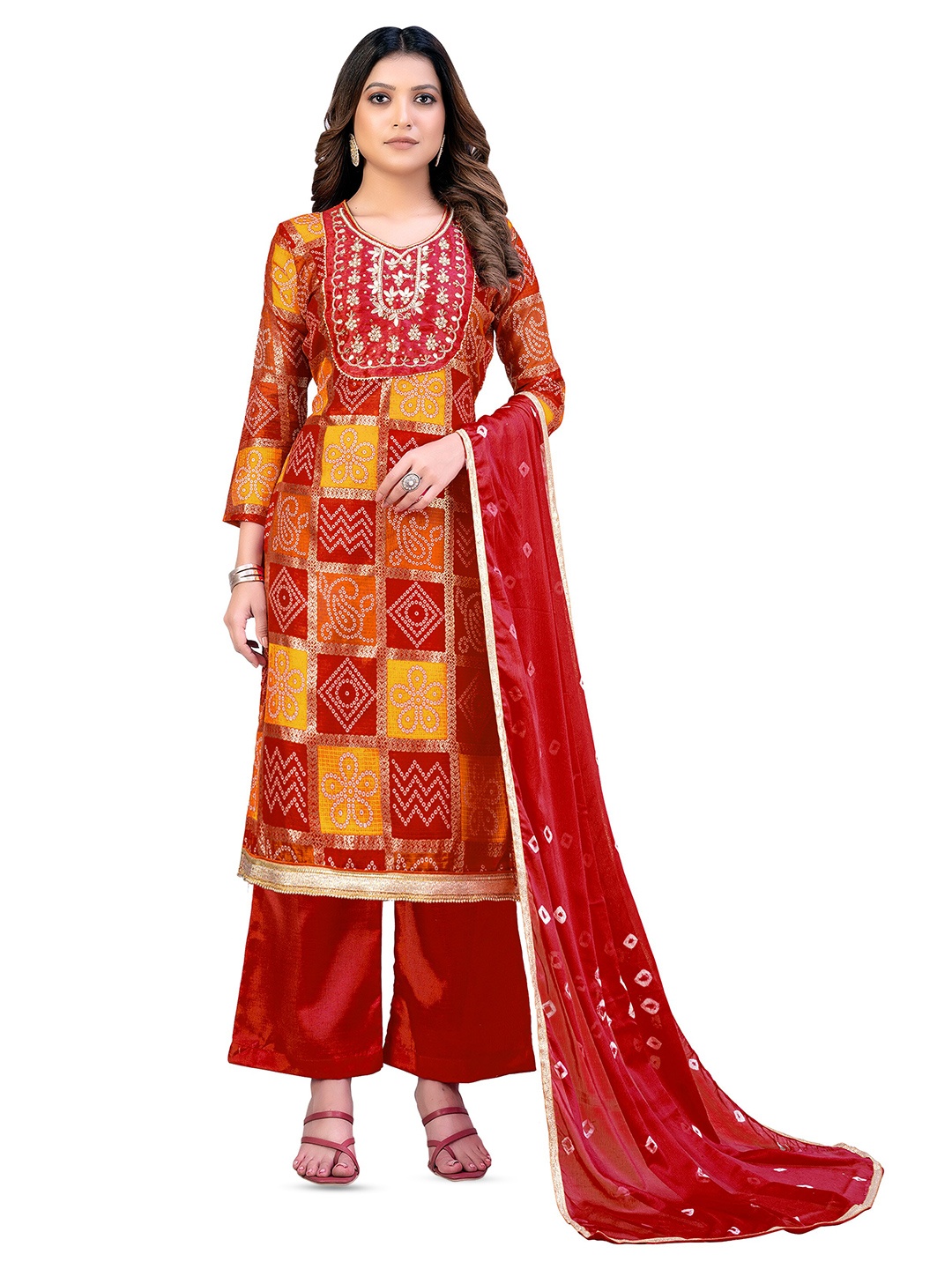 

MANVAA Bandhani Printed Pure Cotton Unstitched Dress Material, Red