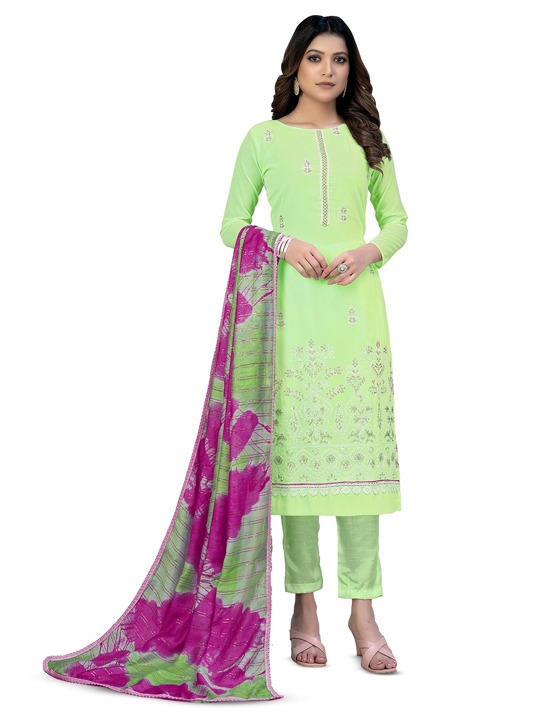 

MANVAA Floral Embellished Sequinned Silk Georgette Unstitched Dress Material, Green