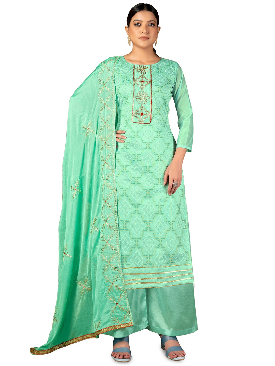 

MANVAA Embroidered Beads and Stones Unstitched Dress Material, Green