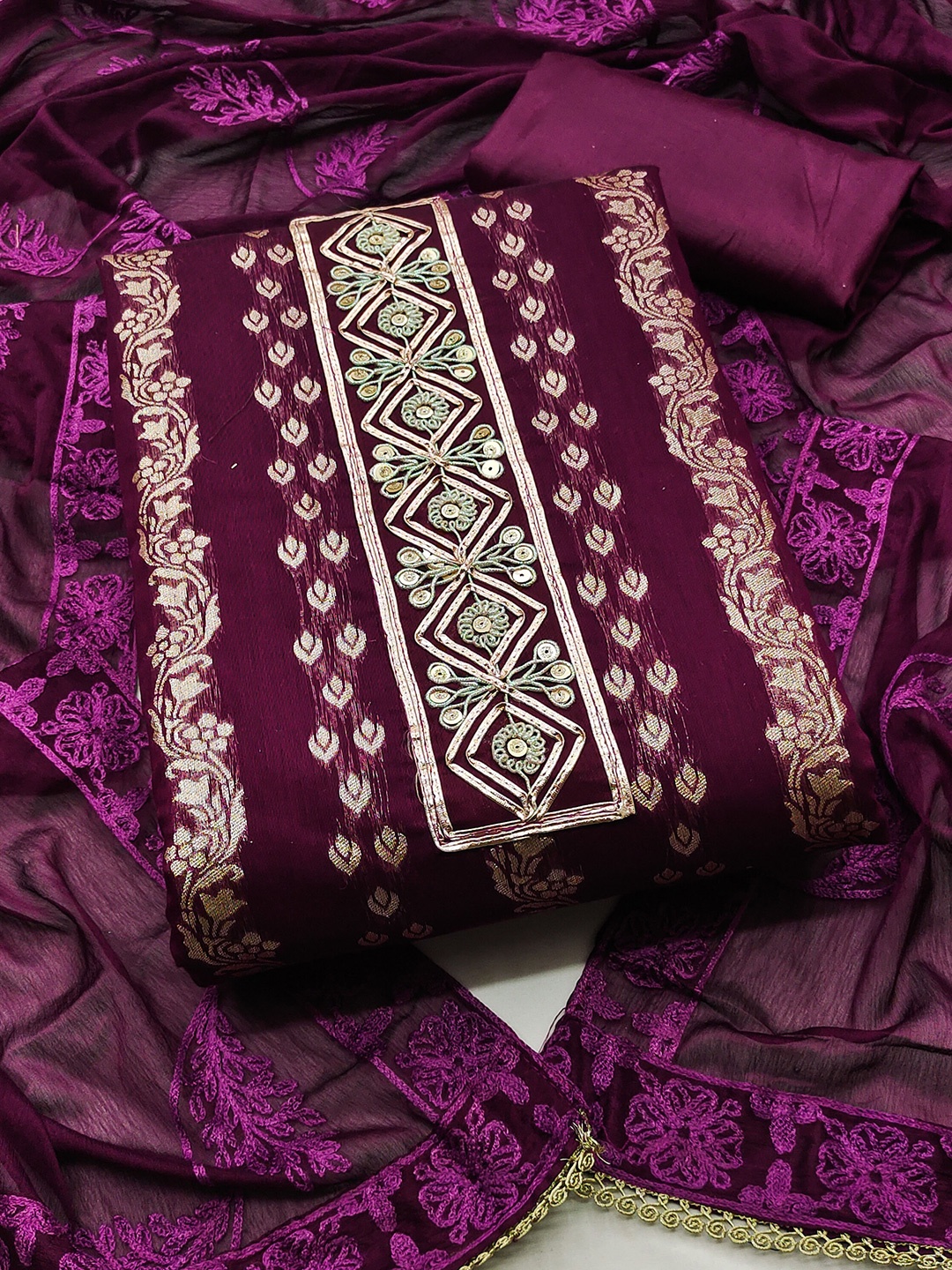 

MANVAA Floral Embellished Beads and Stones Unstitched Dress Material, Purple