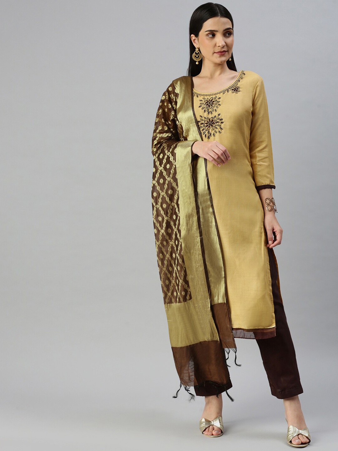 

MANVAA Floral Embellished Beads and Stones Unstitched Dress Material, Beige
