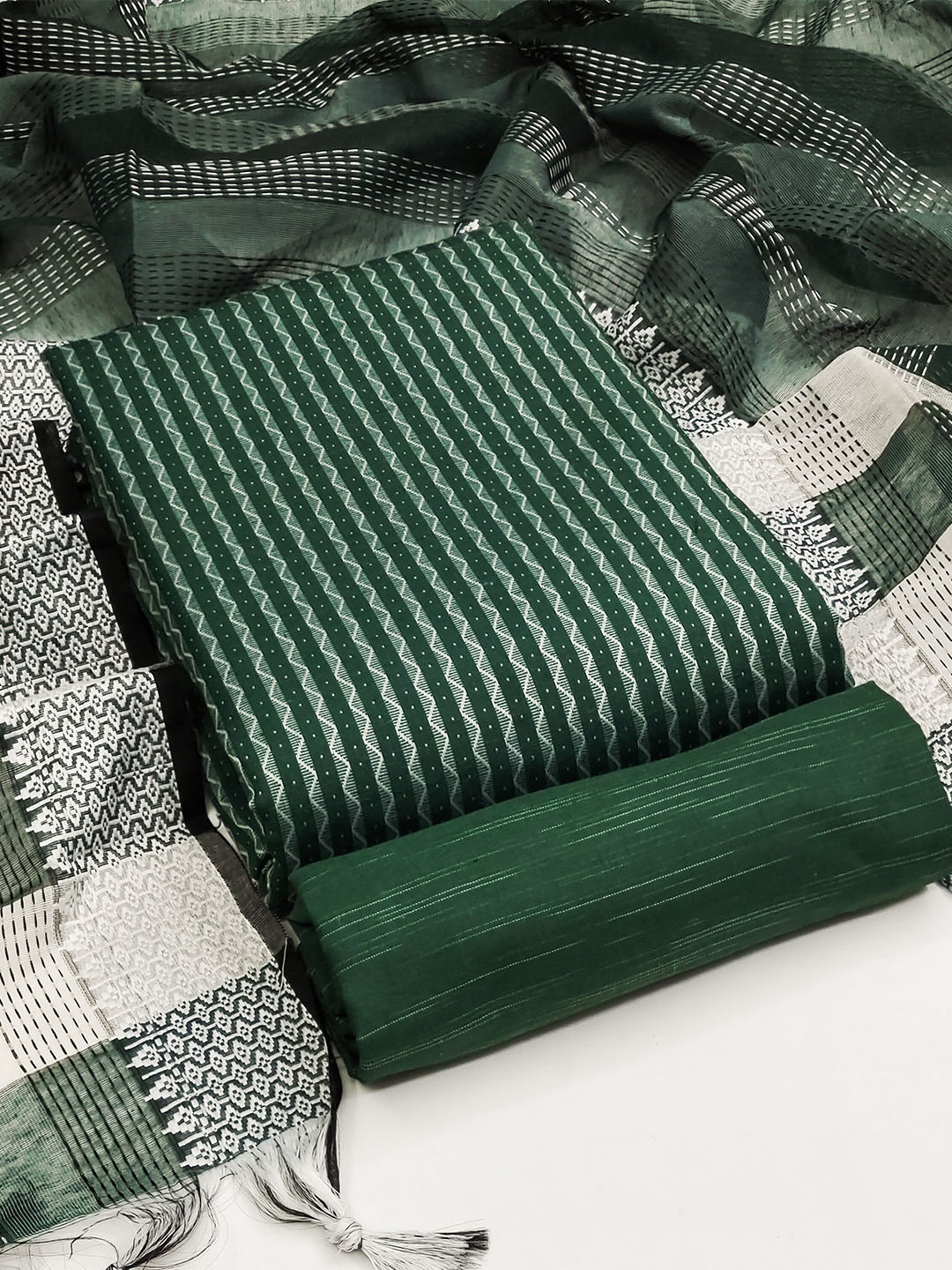 

MANVAA Striped Woven Design Unstitched Dress Material, Green