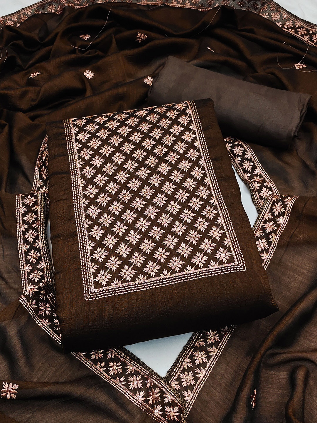 

MANVAA Floral Embroidered Pure Silk Unstitched Dress Material, Brown