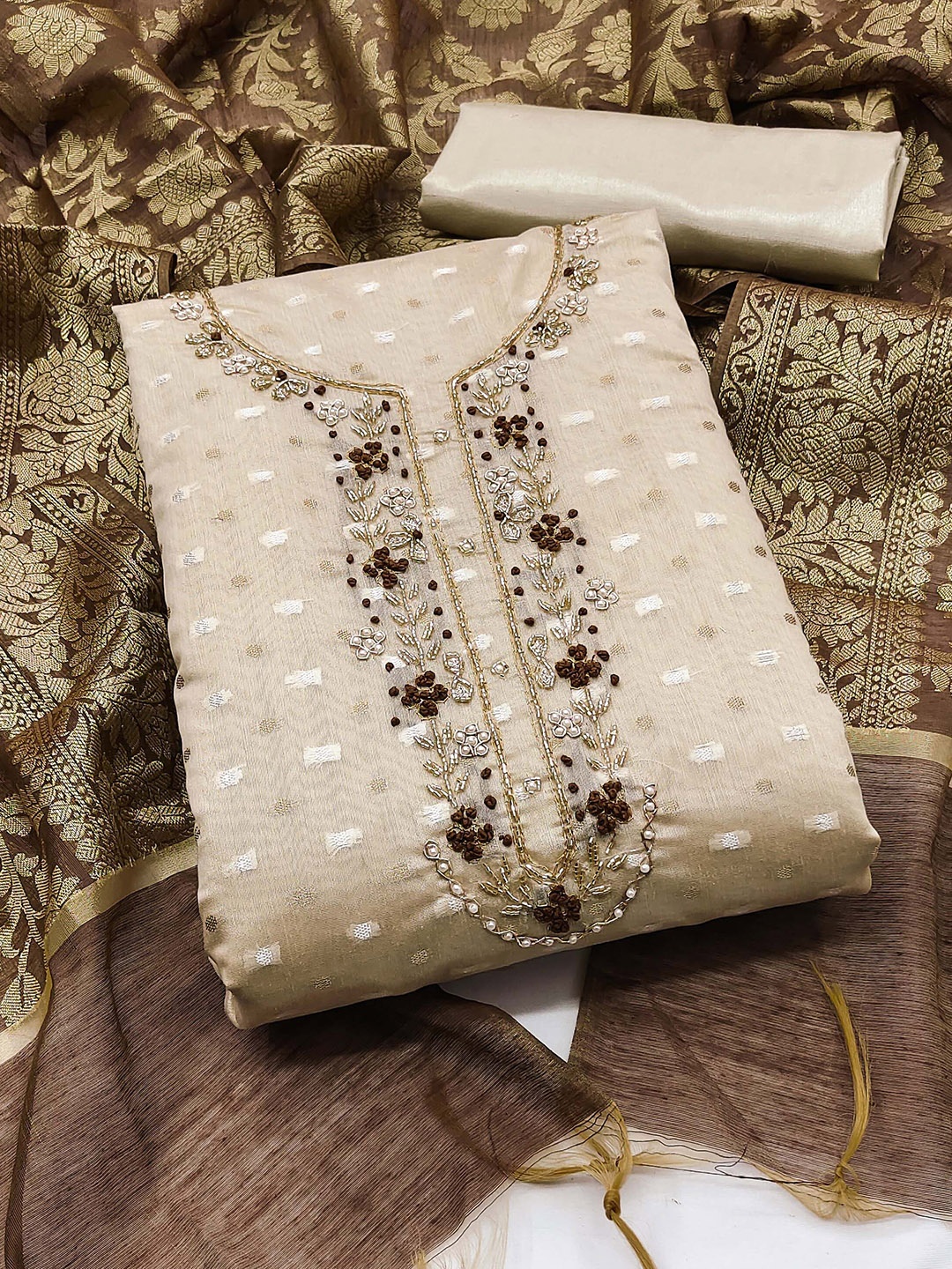 

MANVAA Floral Embellished Beads & Stones Unstitched Dress Material, Beige