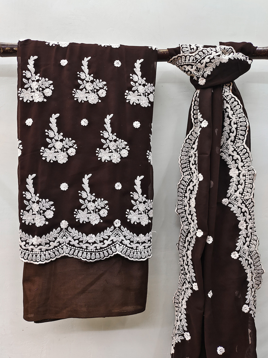 

MANVAA Floral Embroidered Unstitched Dress Material, Brown