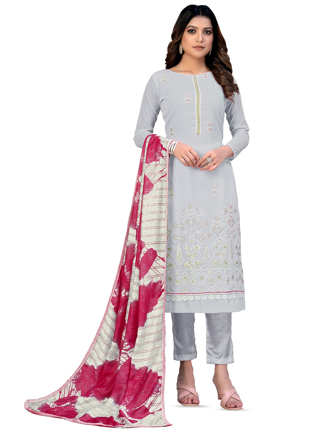 

MANVAA Ethnic Motifs Embellished Unstitched Dress Material, Grey