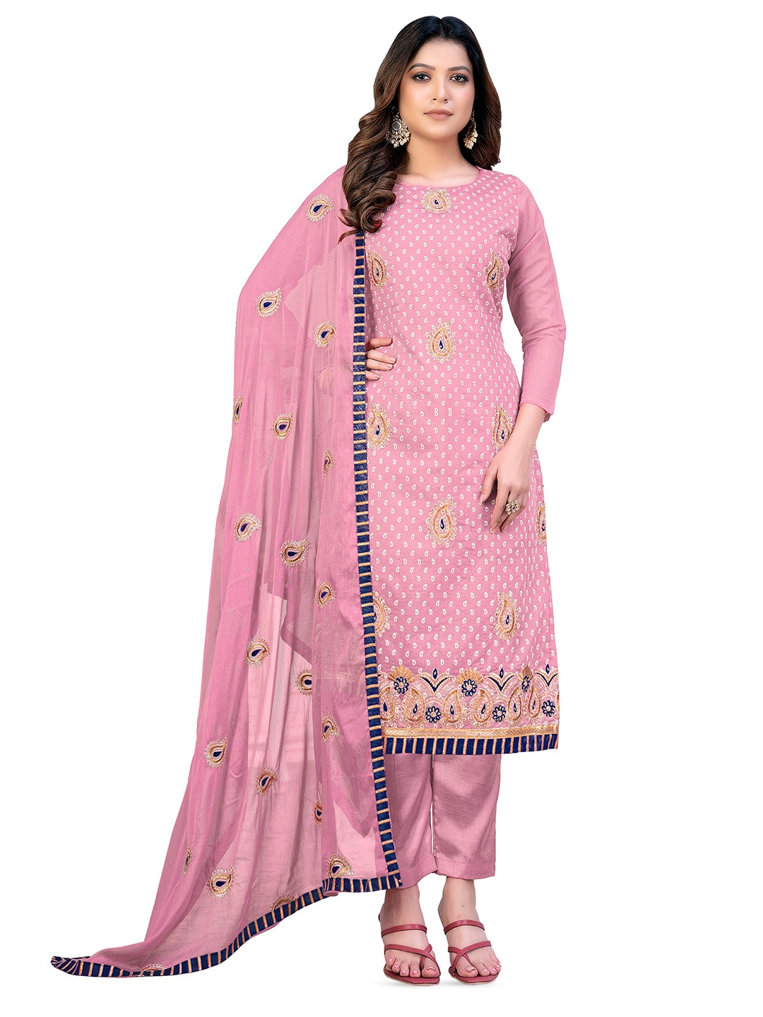 

MANVAA Paisley Printed & Embroidered Pure Cotton Unstitched Dress Material, Pink
