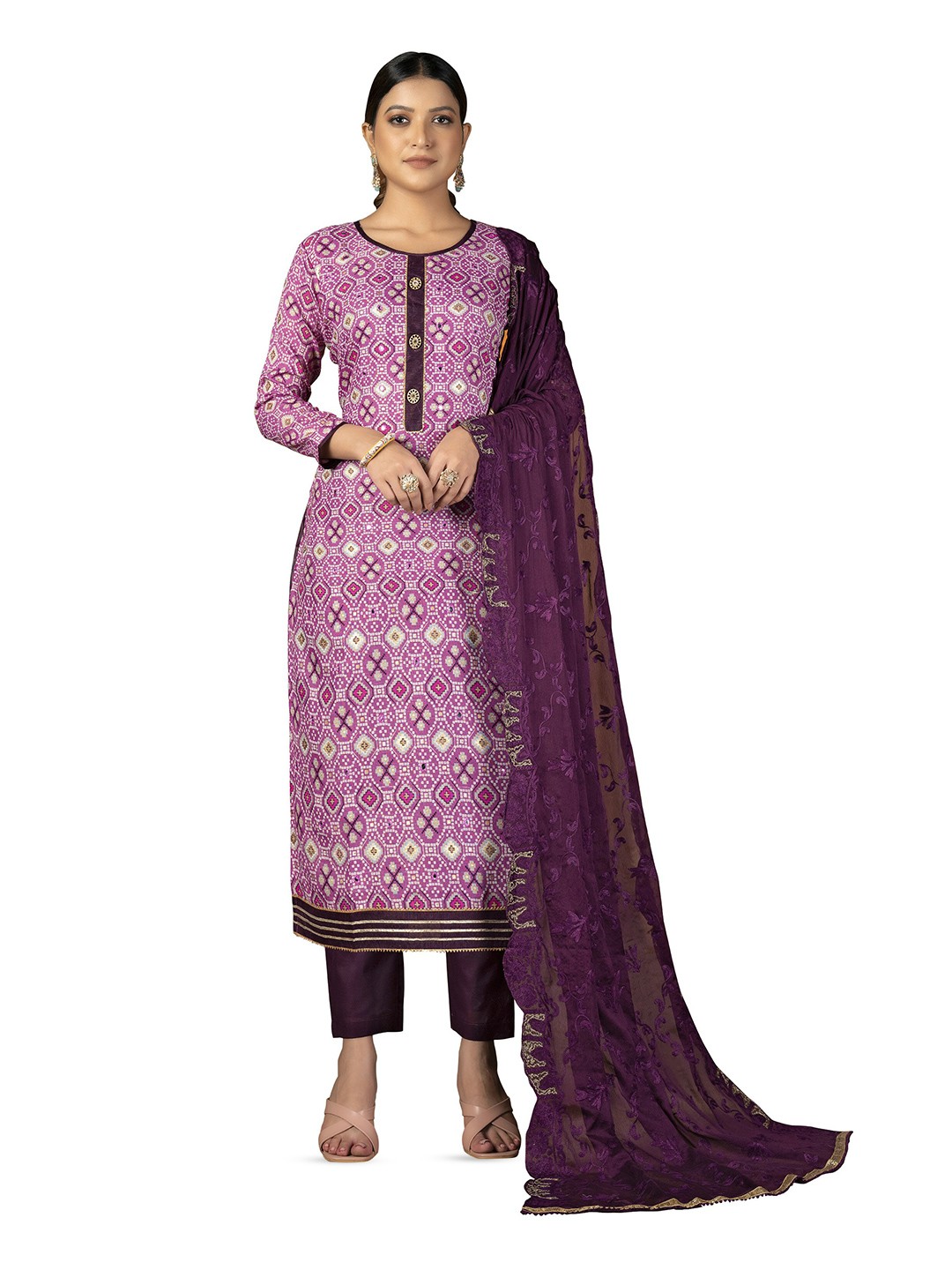 

MANVAA Bandhani Printed Cambric Cotton Unstitched Dress Material, Purple