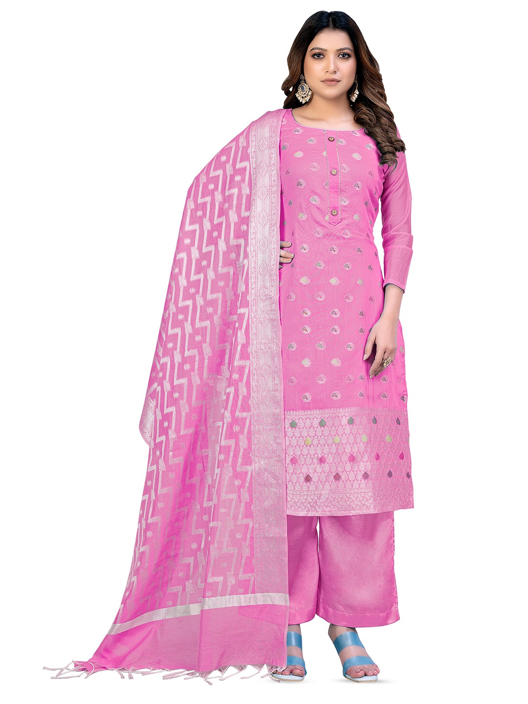 

MANVAA Ethnic Motifs Woven Design Banarasi Jacquard Unstitched Dress Material, Pink