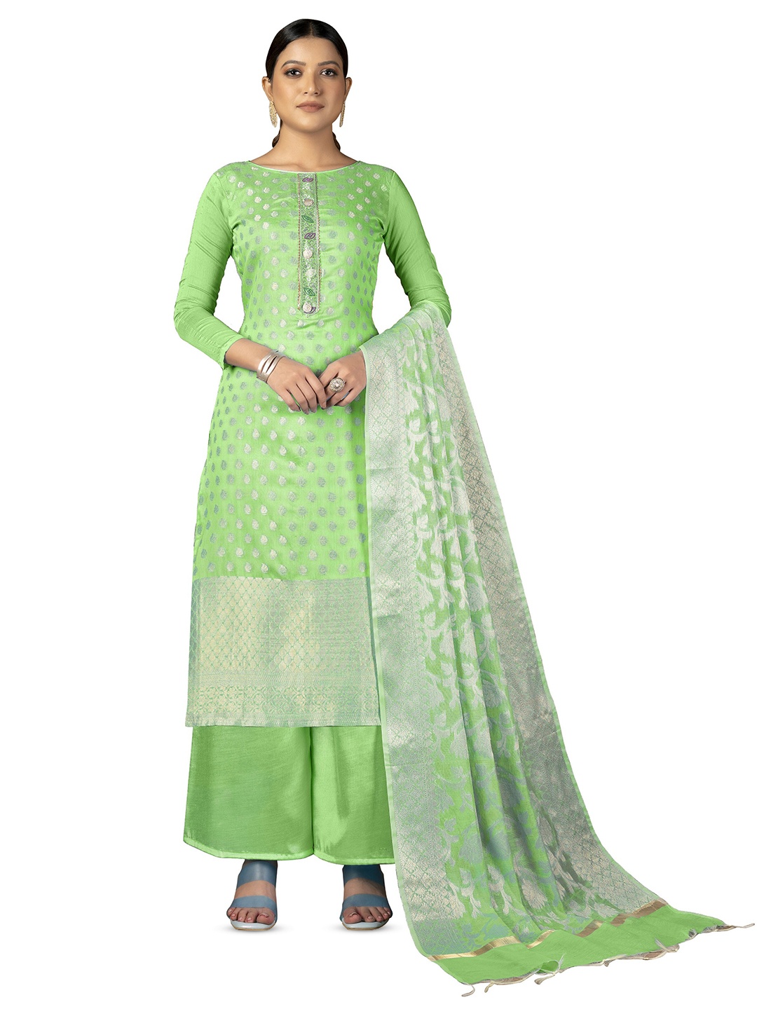 

MANVAA Ethnic Motifs Woven Design Unstitched Dress Material, Green