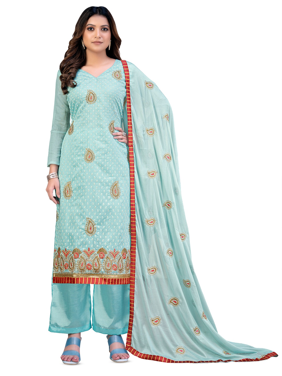 

MANVAA Paisley Printed & Embroidered Pure Cotton Unstitched Dress Material, Sea green