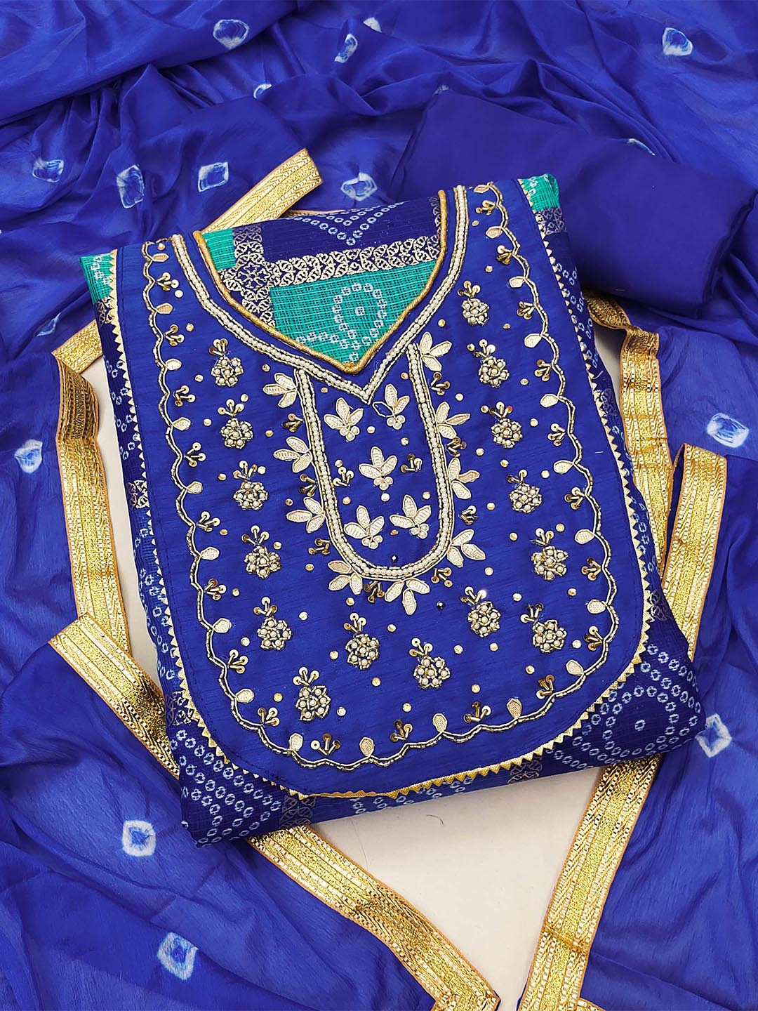 

MANVAA Bandhani Printed Beads & Stones Unstitched Dress Material, Blue