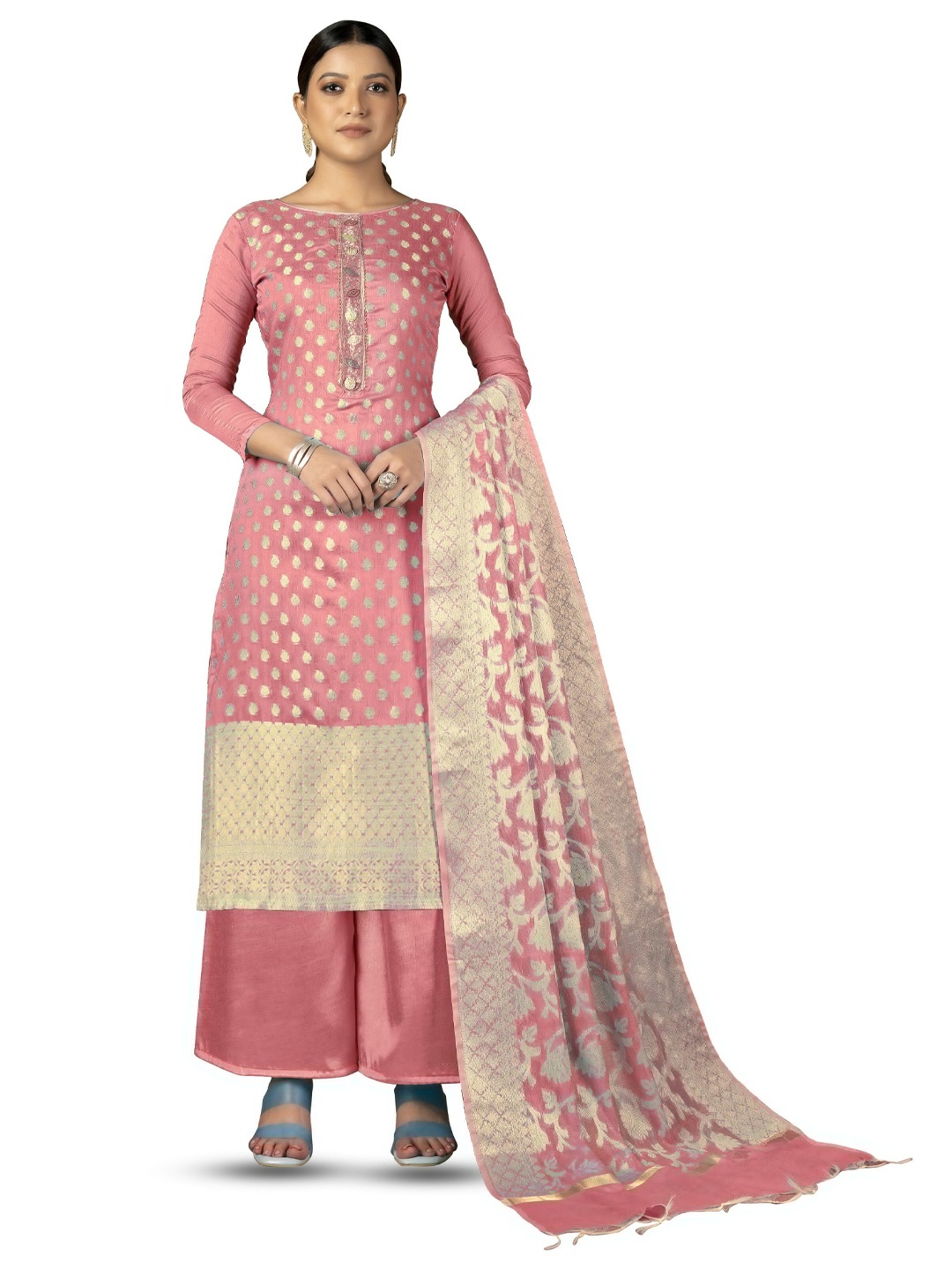 

MANVAA Ethnic Motifs Woven Design Banarasi Jacquard Unstitched Dress Material, Peach