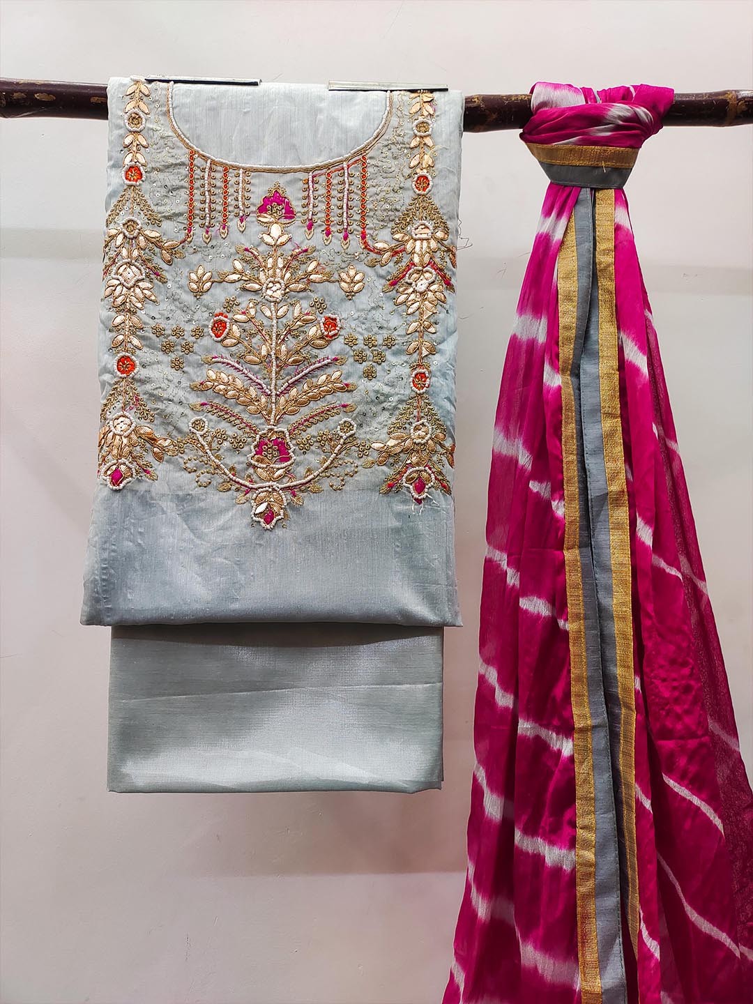 

MANVAA Floral Embroidered Beads & Stones Unstitched Dress Material, Grey
