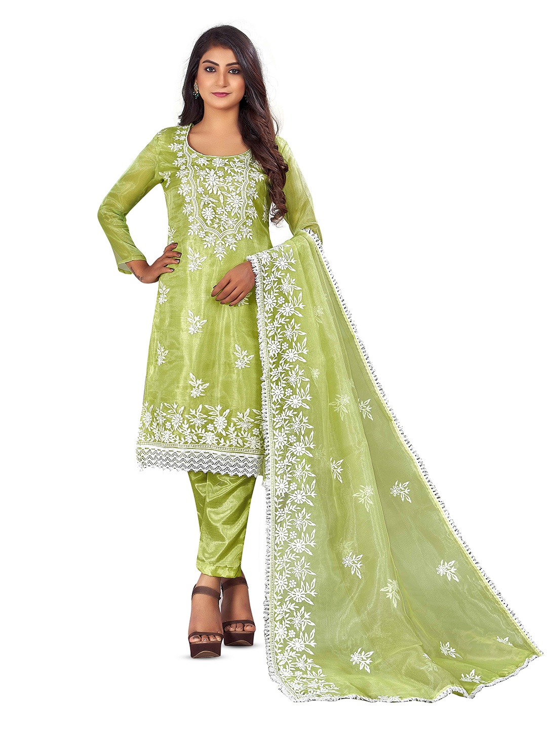 

MANVAA Floral Embroidered Unstitched Dress Material, Green
