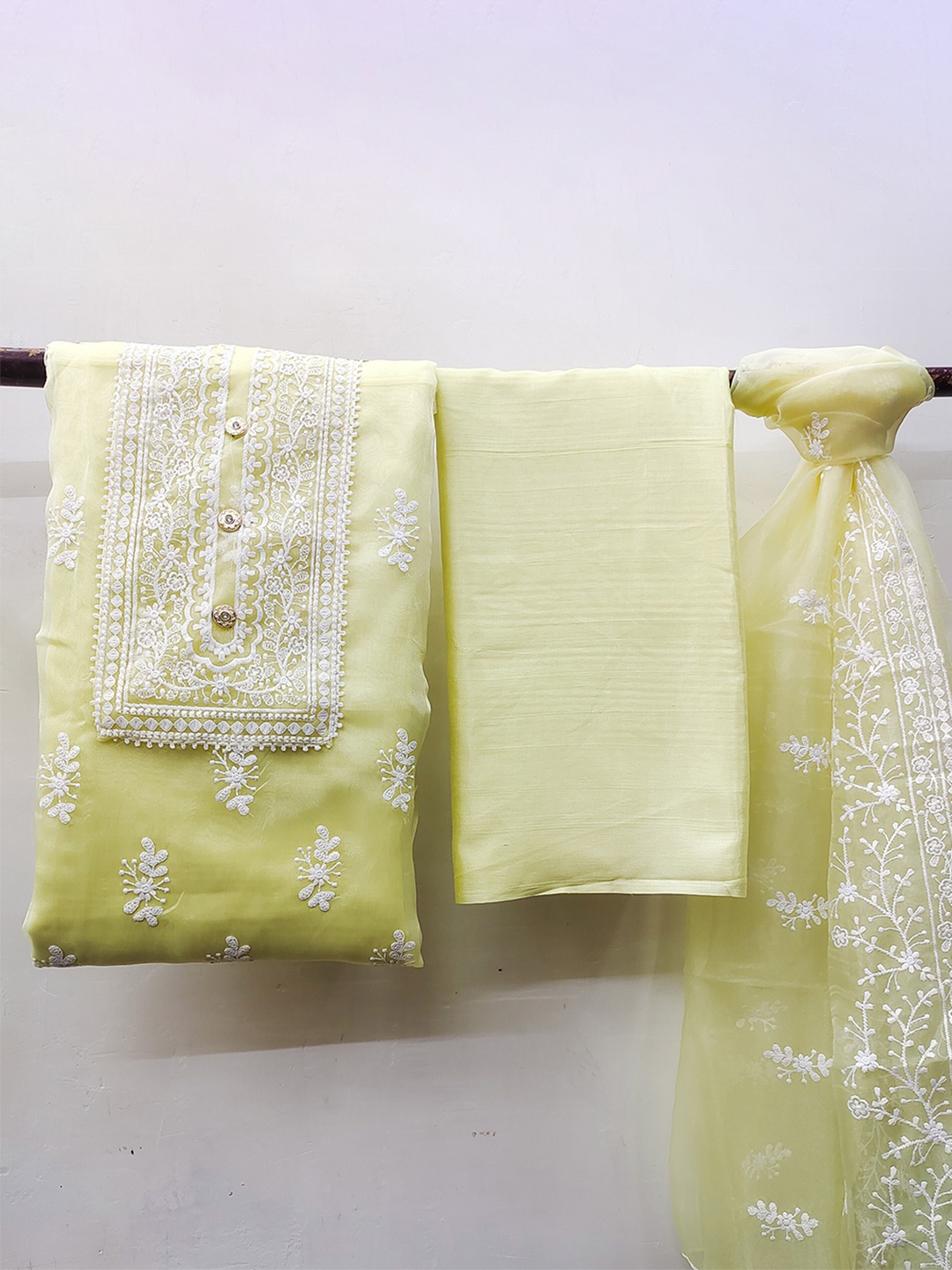 

MANVAA Floral Embroidered Organza Unstitched Dress Material, Green