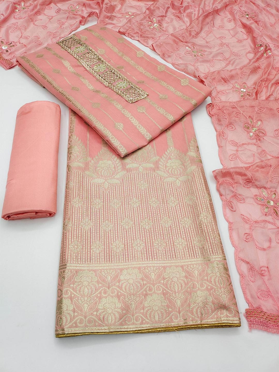 

MANVAA Floral Embellished Beads and Stones Unstitched Dress Material, Pink