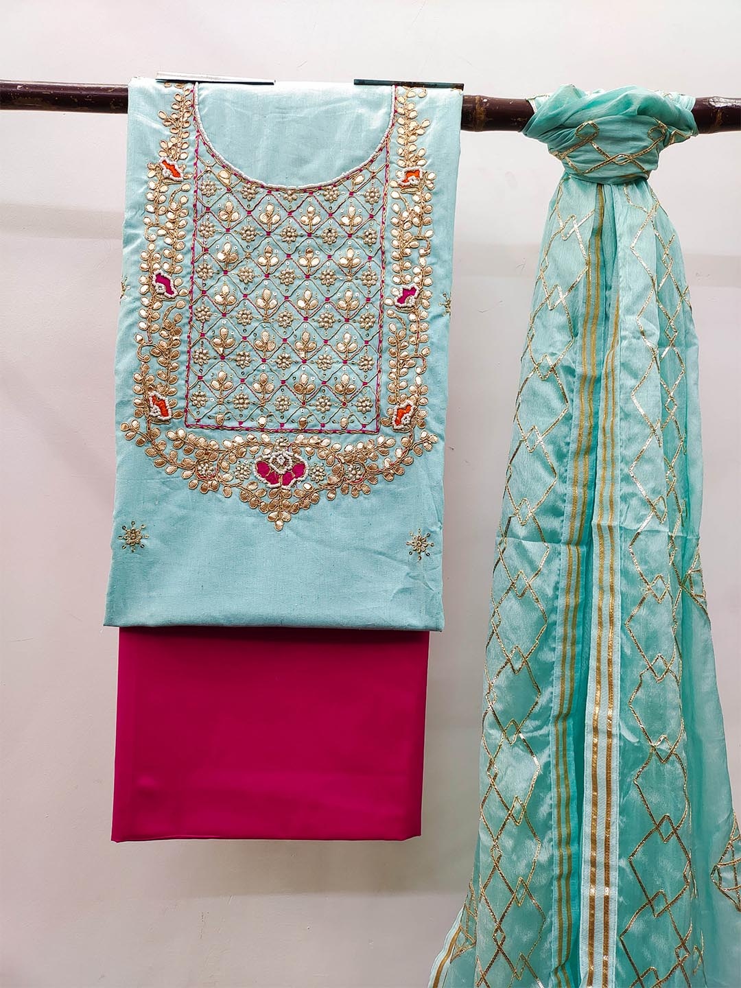 

MANVAA Ethnic Motifs Embellished Unstitched Dress Material, Blue
