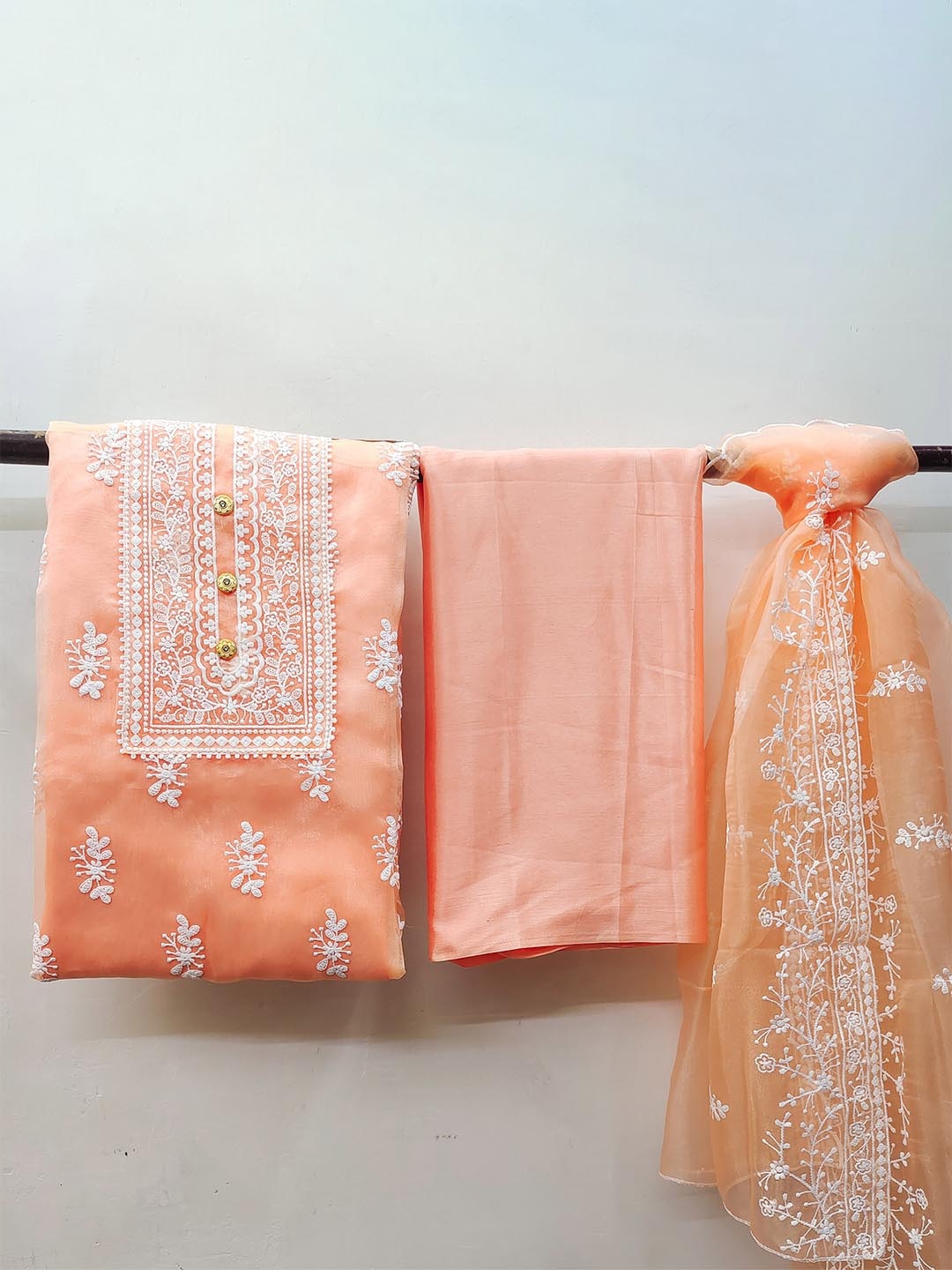 

MANVAA Floral Embroidered Organza Unstitched Dress Material, Peach